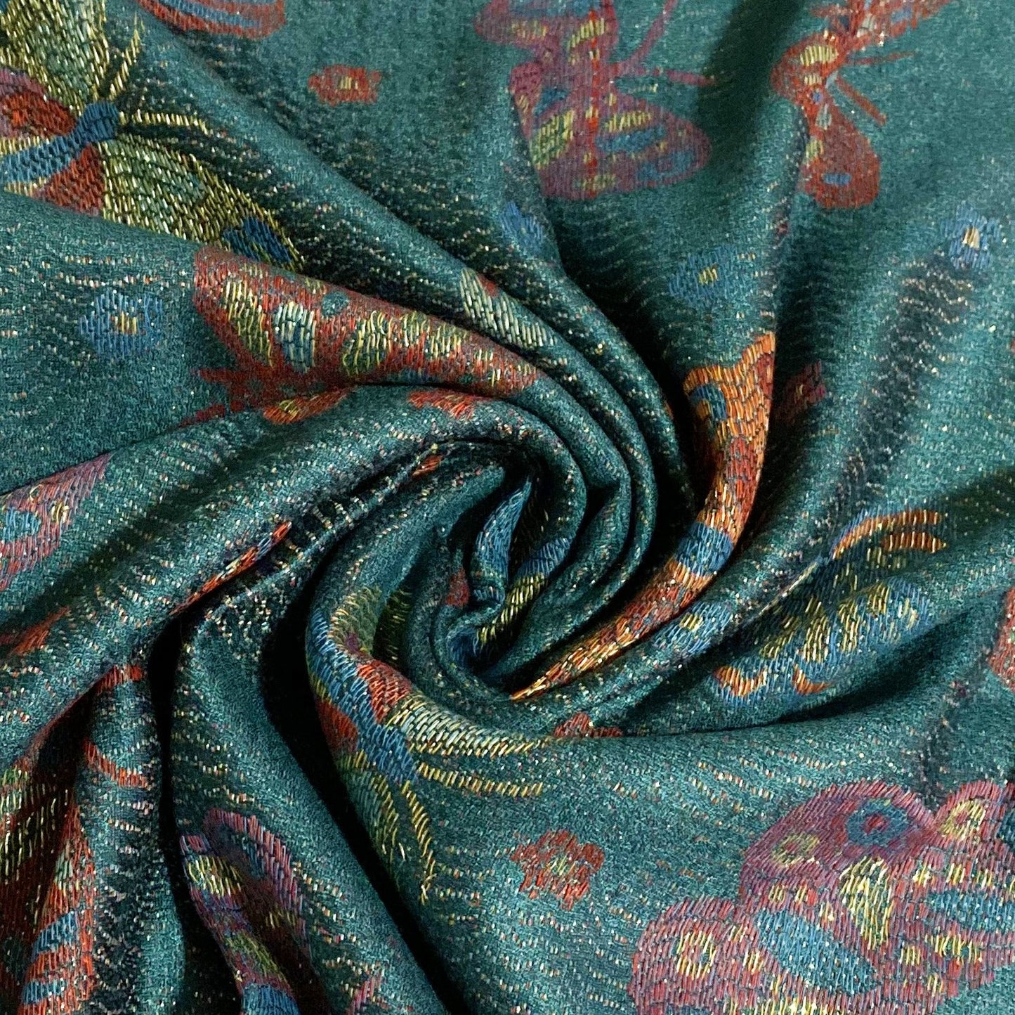 Bufanda de cachemira 100% Pashmina auténtica, 70 cm x 170 cm, verde azulado brillante con estampado de mariposas
