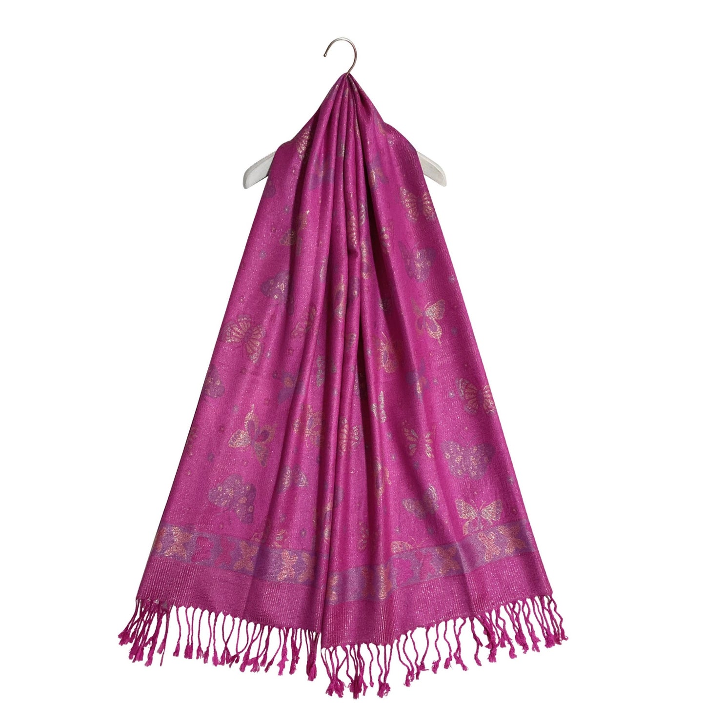 Bufanda de cachemira 100% pashmina auténtica, 70 cm x 170 cm, estampado de mariposas rosa fucsia brillante