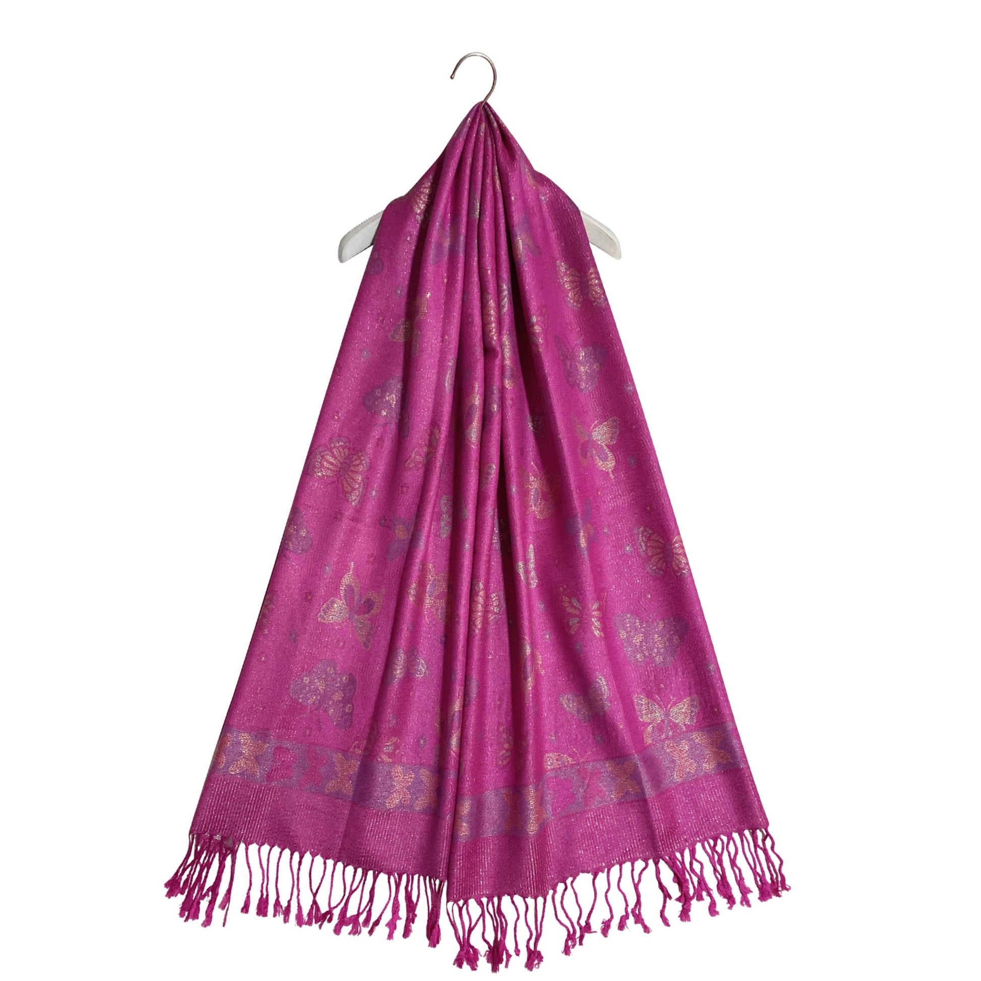 Bufanda de cachemira 100% pashmina auténtica, 70 cm x 170 cm, estampado de mariposas rosa fucsia brillante 2 