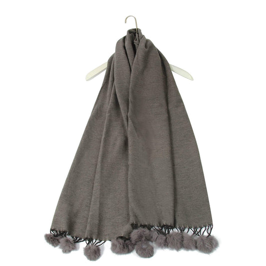 Bufanda con Pom Pom de piel, 60 cm x 170 cm, gris