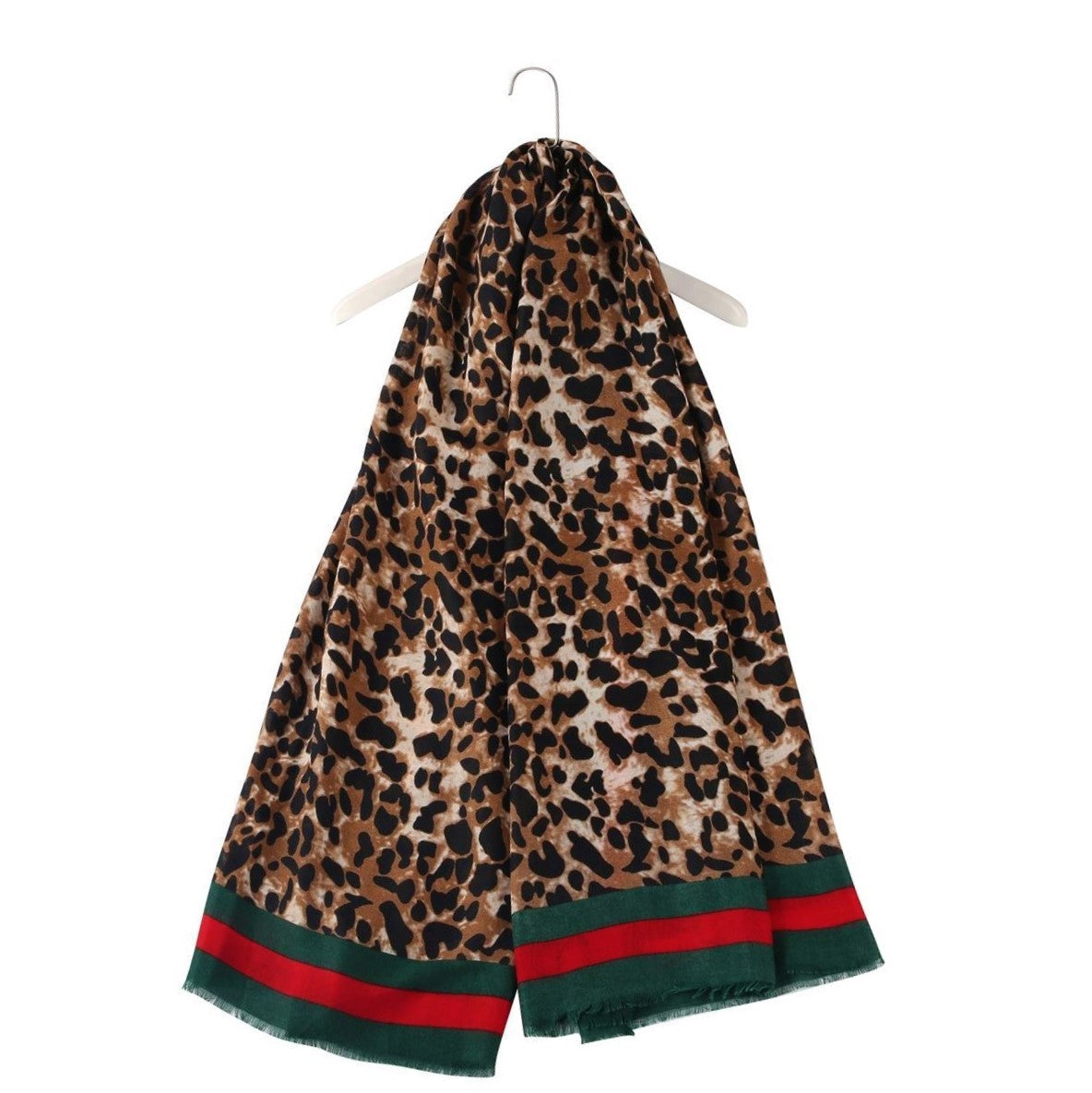 Bufanda con borde verde y rojo, 90 cm x 180 cm, estampado de leopardo, marrón 5 