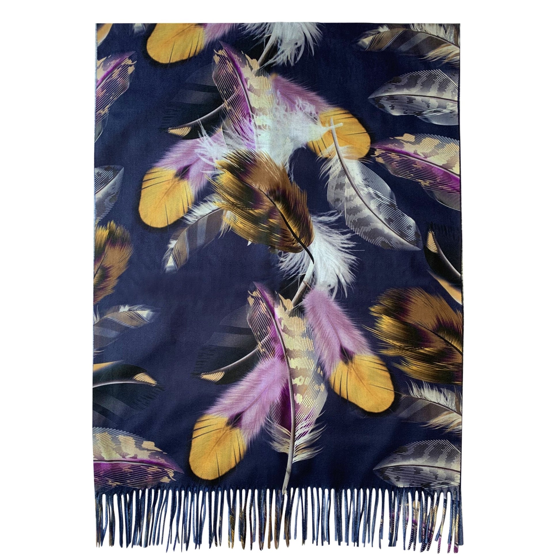 Bufanda de lana, 70 cm x 180 cm, estampado de plumas grandes, azul marino 5 