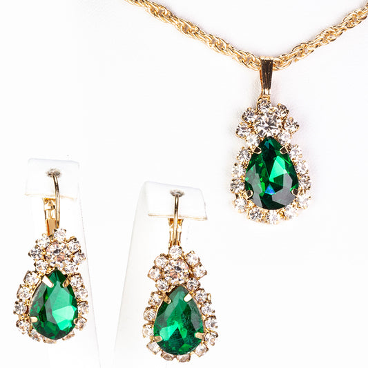 Conjunto de Aleación Bañado en Oro con Cristal Emporia® Verde ( Collar +Pendientes +Colgante )