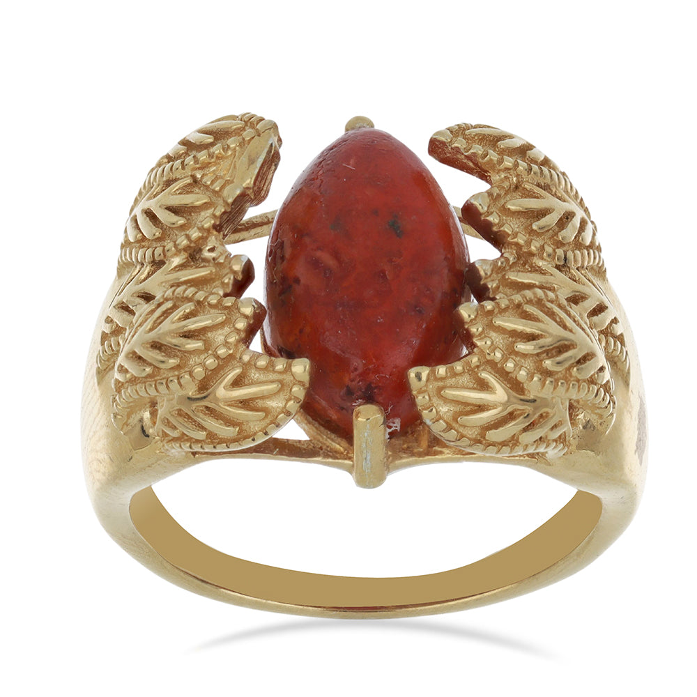 Anillo de Plata Bañada en Oro con Coral de Esponja Roja 4 