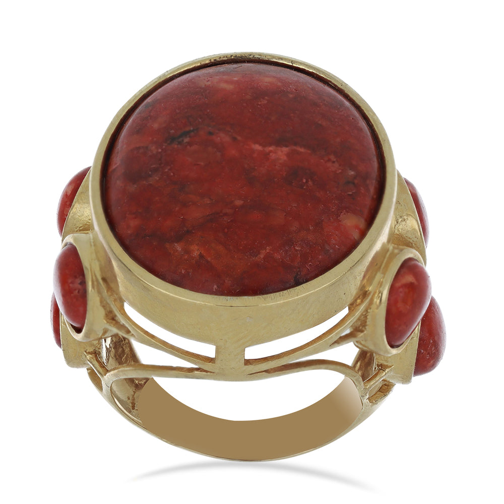 Anillo de Plata Bañada en Oro con Coral de Esponja Roja