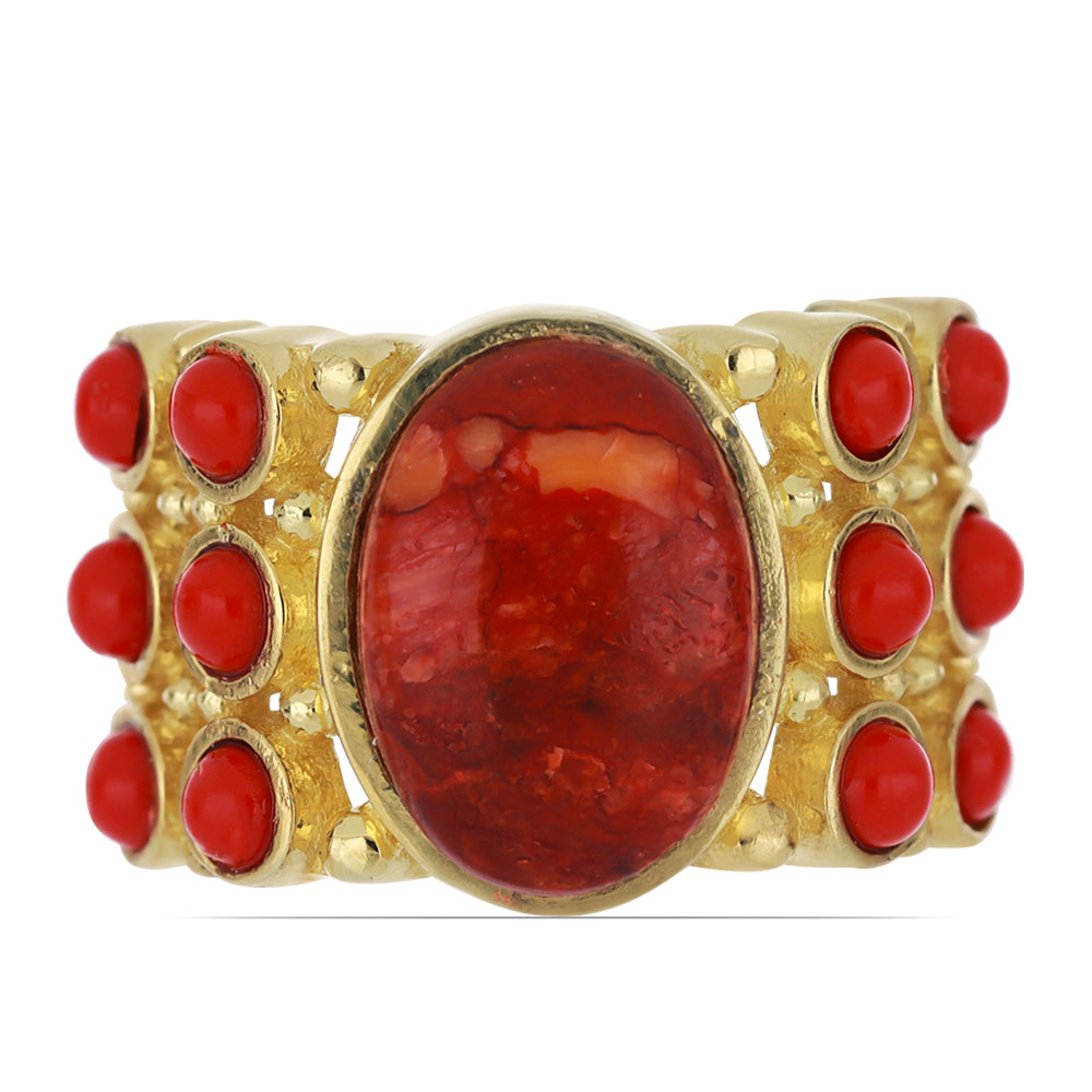 Anillo de Plata Bañada en Oro con Coral de Esponja Roja 1 