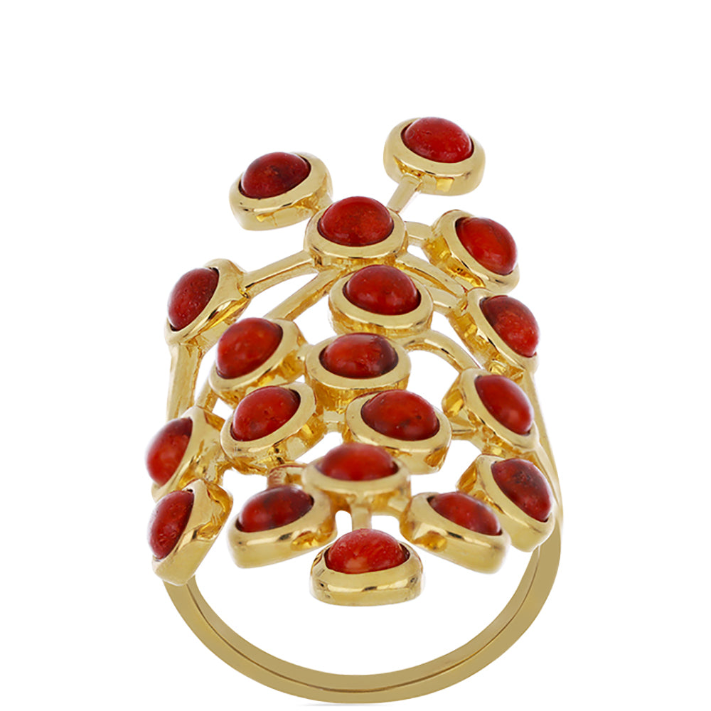 Anillo de Plata Bañada en Oro con Coral de Esponja Roja 4 