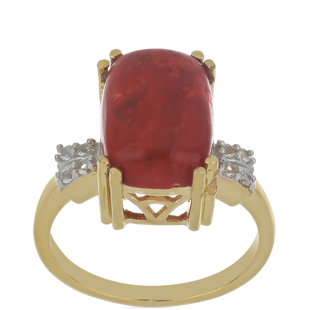 Anillo de Plata Bañada en Oro con Coral de Esponja Roja y Topacio Blanco