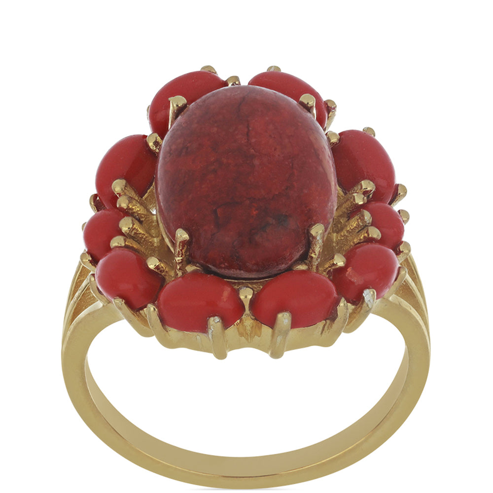 Anillo de Plata Bañada en Oro con Coral de Esponja Roja 2 