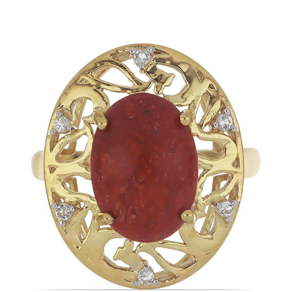 Anillo de Plata Bañada en Oro con Coral de Esponja Roja y Topacio Blanco