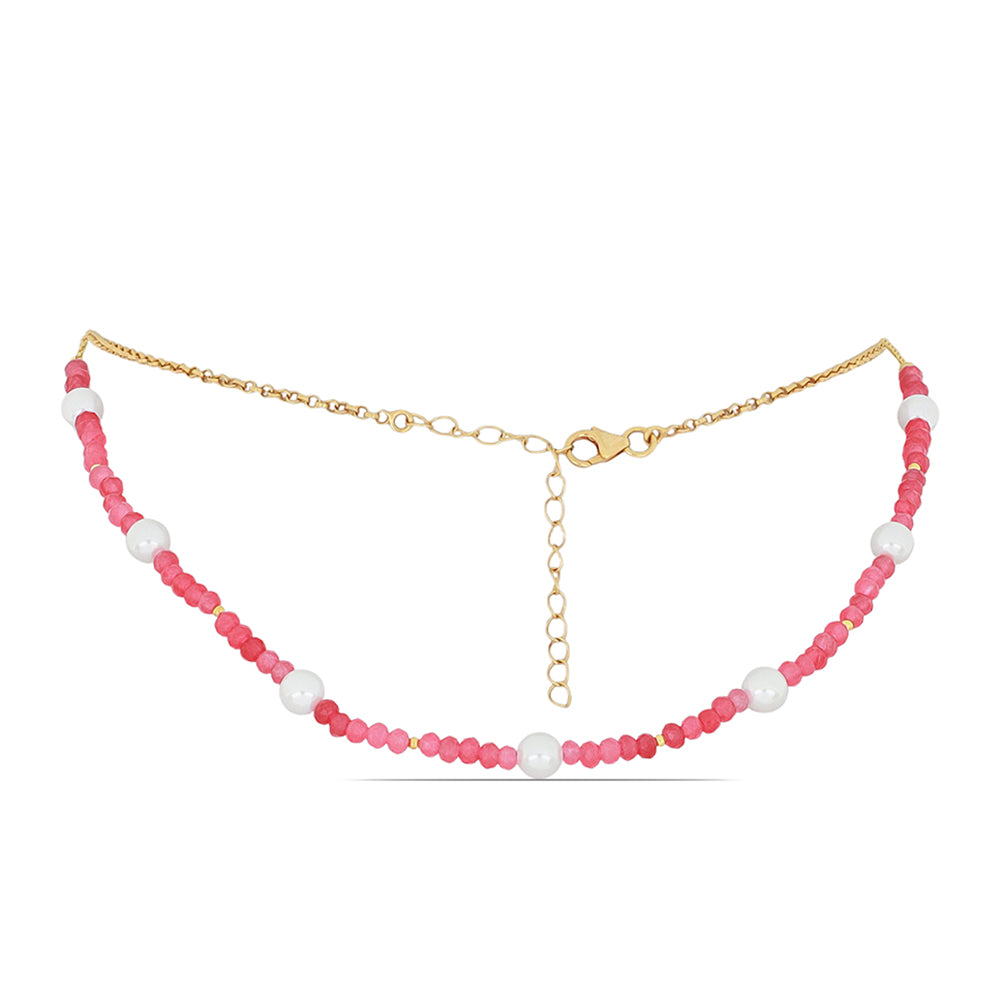 Collar de Plata Bañada en Oro con Ónix Rosado y Perla de Agua Dulce