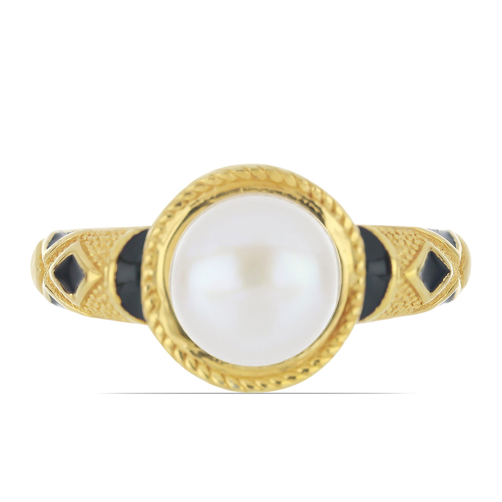 Anillo de Plata Bañada en Oro con Esmalte y Perla de Agua Dulce 1 