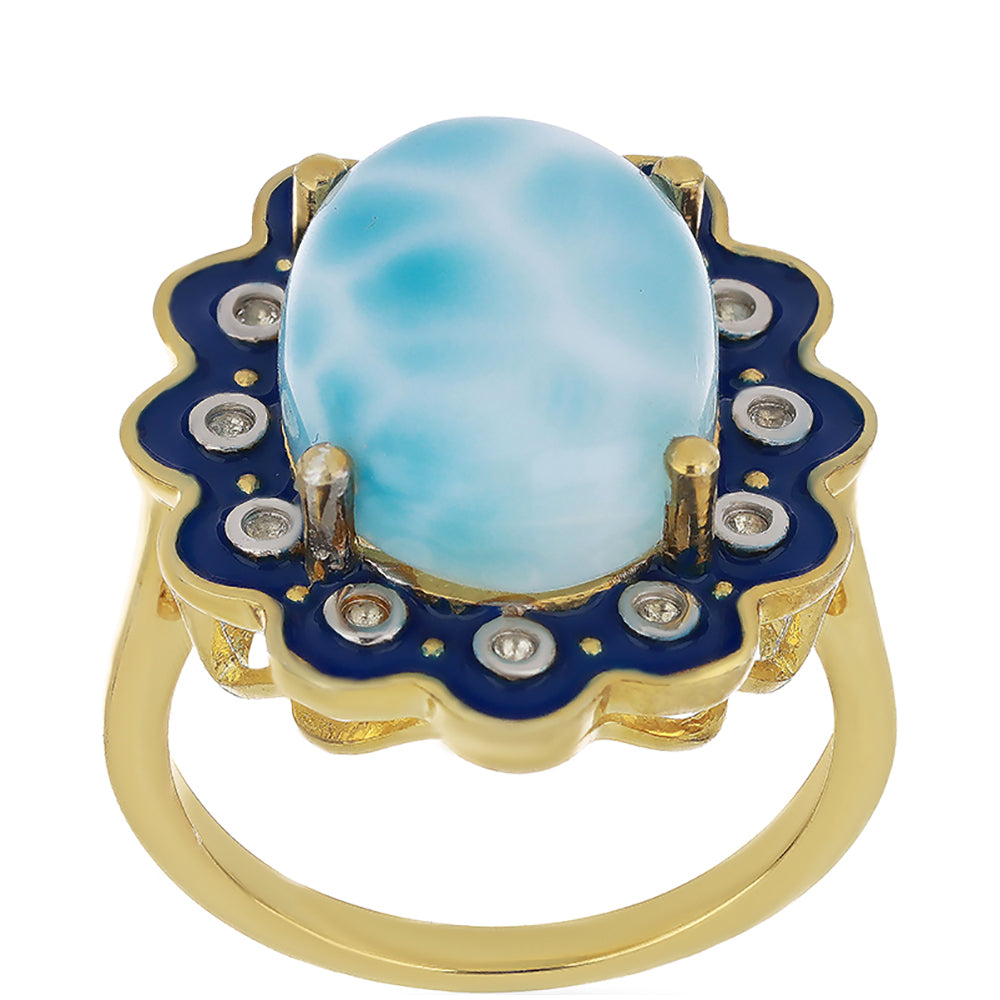 Anillo de Plata Bañada en Oro con Esmalte y Larimar