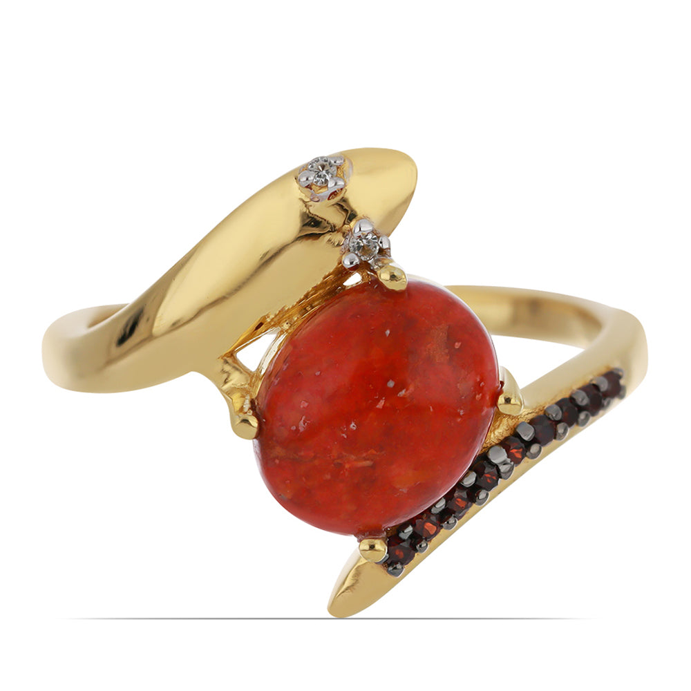 Anillo de Plata Bañada en Oro con Coral de Esponja Roja y Granate Barton