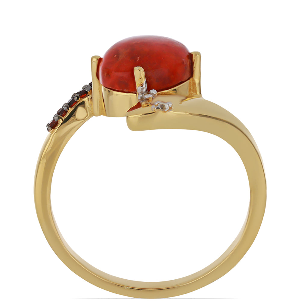 Anillo de Plata Bañada en Oro con Coral de Esponja Roja y Granate Barton