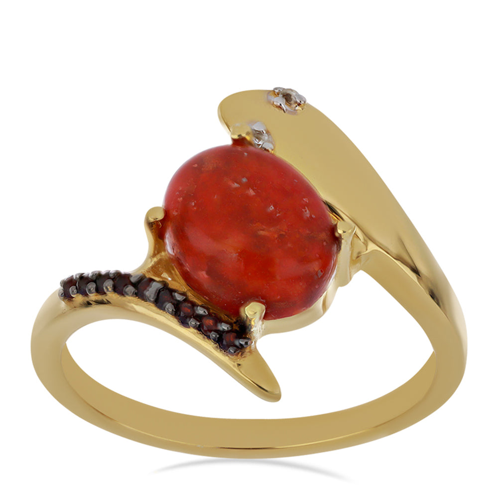 Anillo de Plata Bañada en Oro con Coral de Esponja Roja y Granate Barton