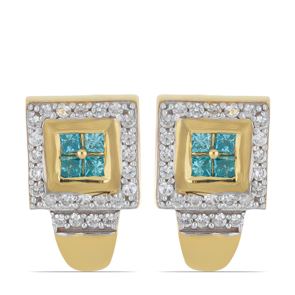 Pendientes de Plata Bañada en Oro con Diamante Azul y Zircón blanco natural