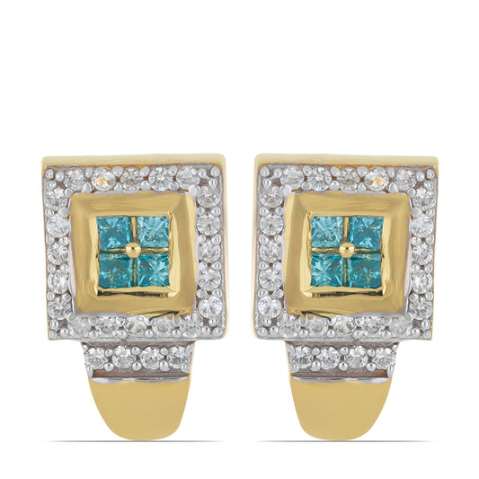 Pendientes de Plata Bañada en Oro con Diamante Azul y Zircón blanco natural