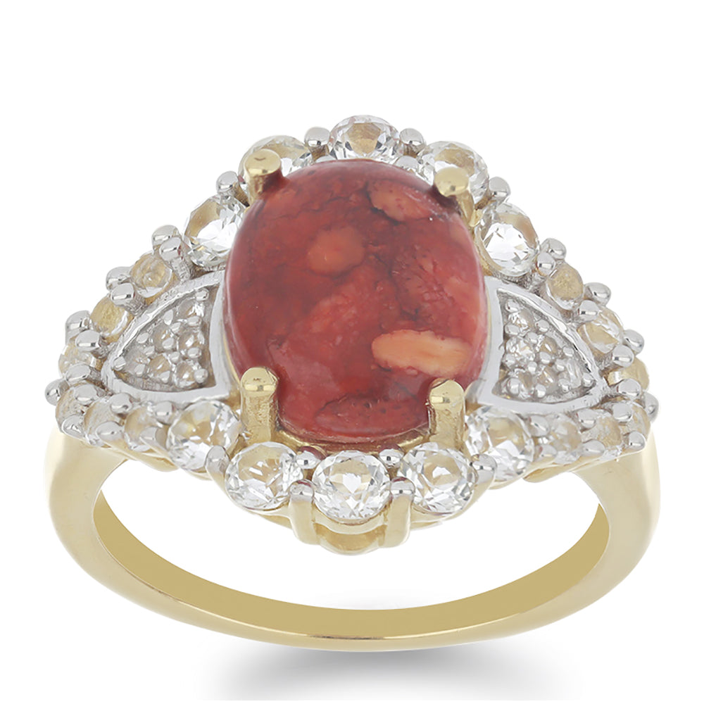 Anillo de Plata Bañada en Oro con Coral de Esponja Roja y Topacio Blanco