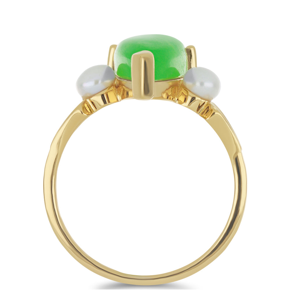 Anillo de Plata Bañada en Oro con Jadeíta verde del Río Marsden y Perla de Agua Dulce