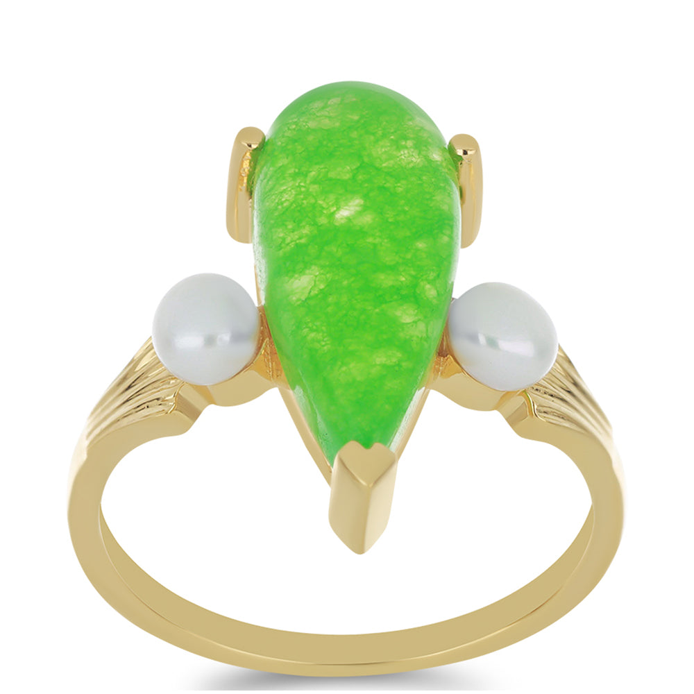 Anillo de Plata Bañada en Oro con Jadeíta verde del Río Marsden y Perla de Agua Dulce