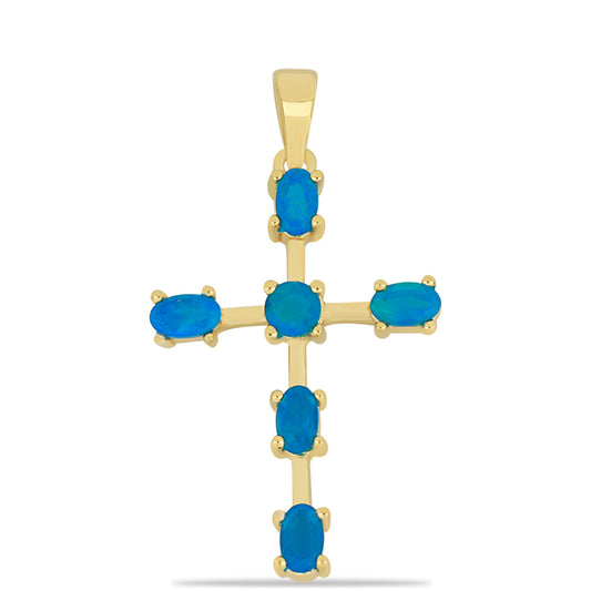 Cruz Colgante de Plata Bañada en Oro con Ópalo Azul Paraiba de Etiopía