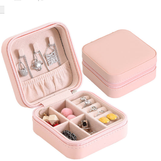 Caja organizadora para joyas de cuero PU y terciopelo, rosa