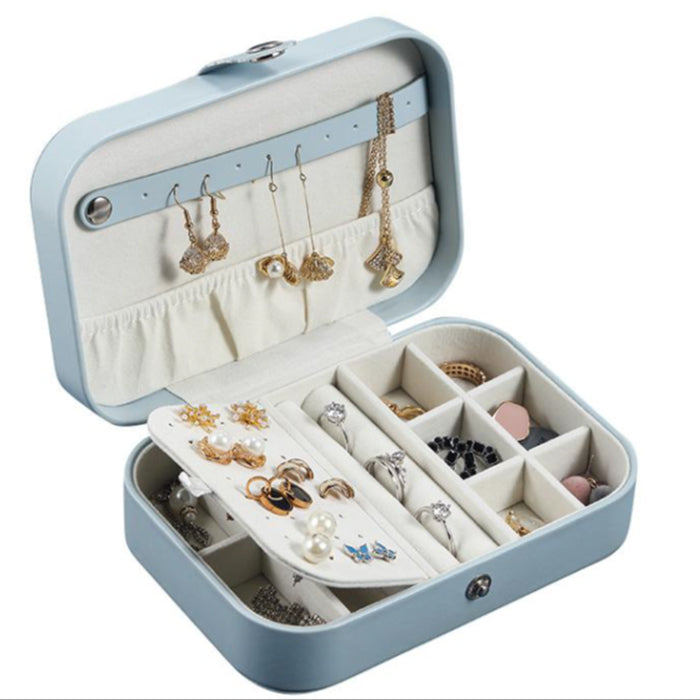 Caja organizadora de joyas de cuero PU y terciopelo, azul