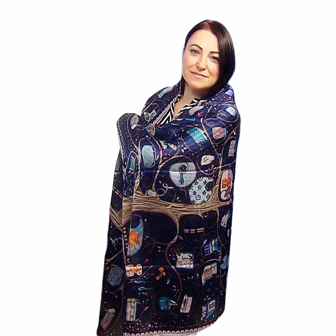 Bufanda-chal de 100% seda auténtica, 90 cm x 180 cm, elegante bolso estampado, azul marino