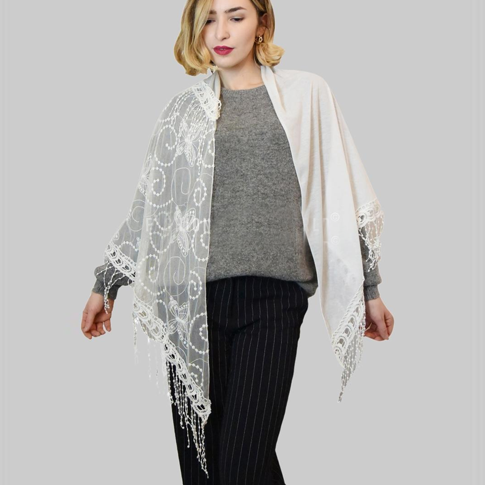 Bufanda-chal trapezoidal de algodón, 80 cm x 198 cm x 70 cm, estampado de encaje de mariposa, blanco